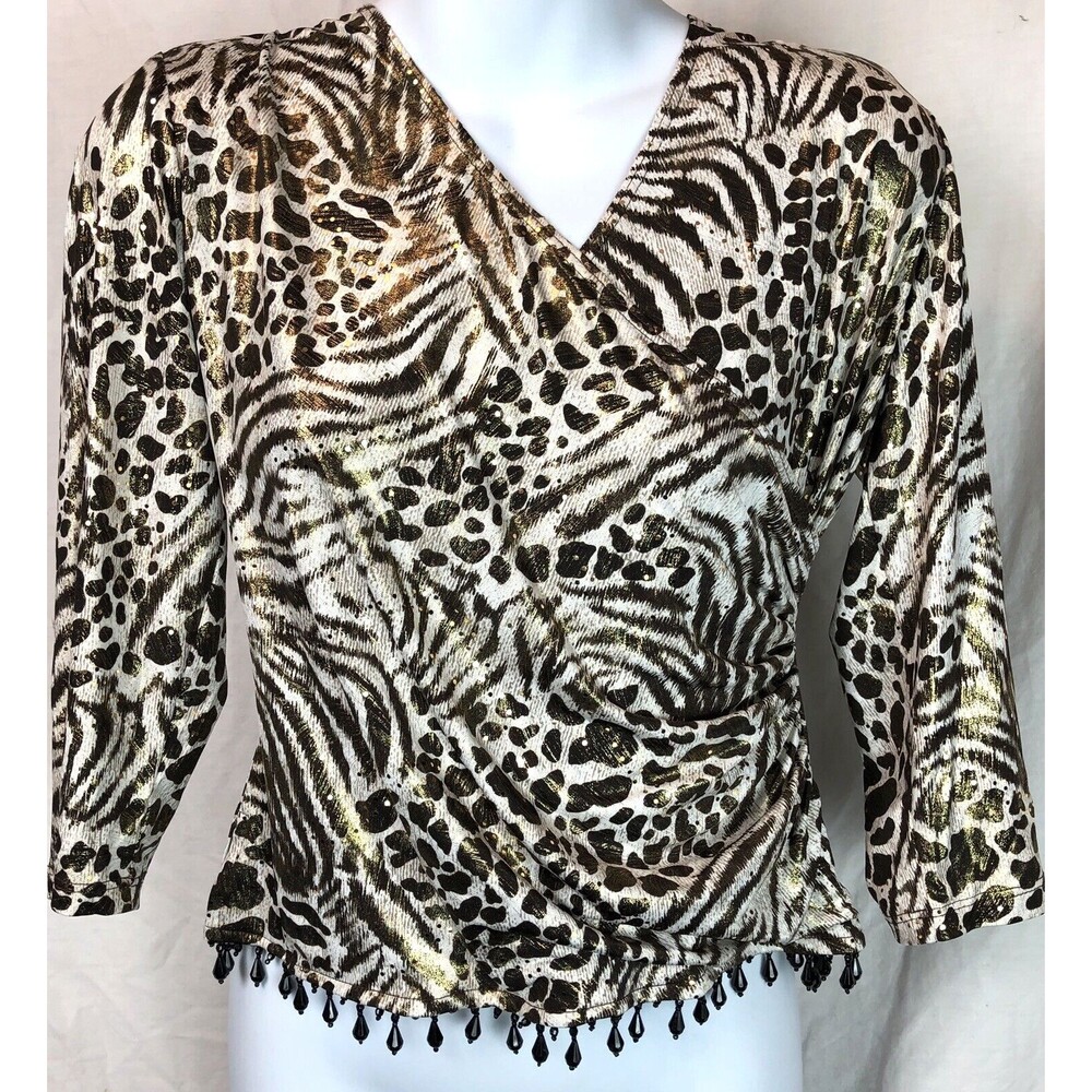 Vintage Mock Wrap Top PS Ivory/Gold Glitter Animal 3/4 Sleeve Beaded Hem 90s Y2K